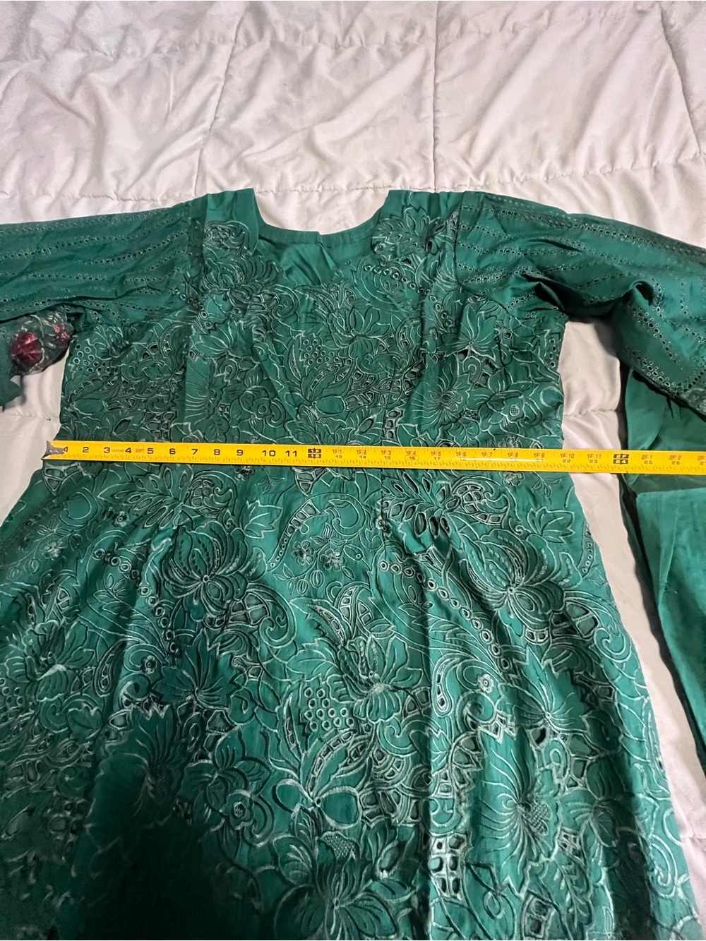 Embroidered Emerald Green Traditional Dress with Floral Scarf - Picture 5 of 7